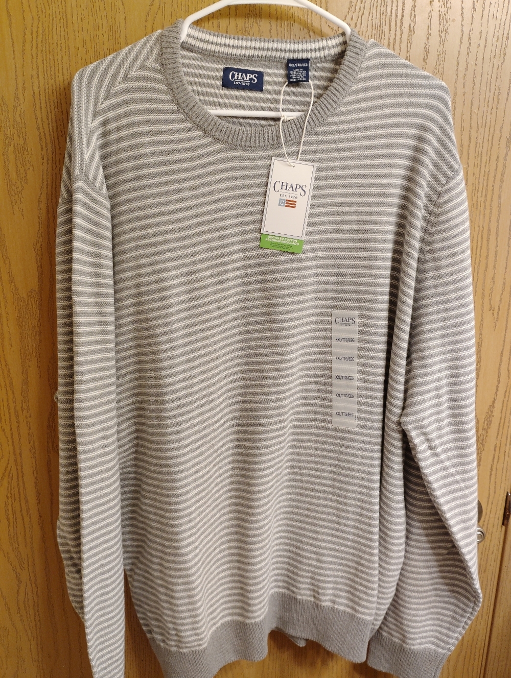 Chaps Striped Crewneck Sweater - Light Gray & White
